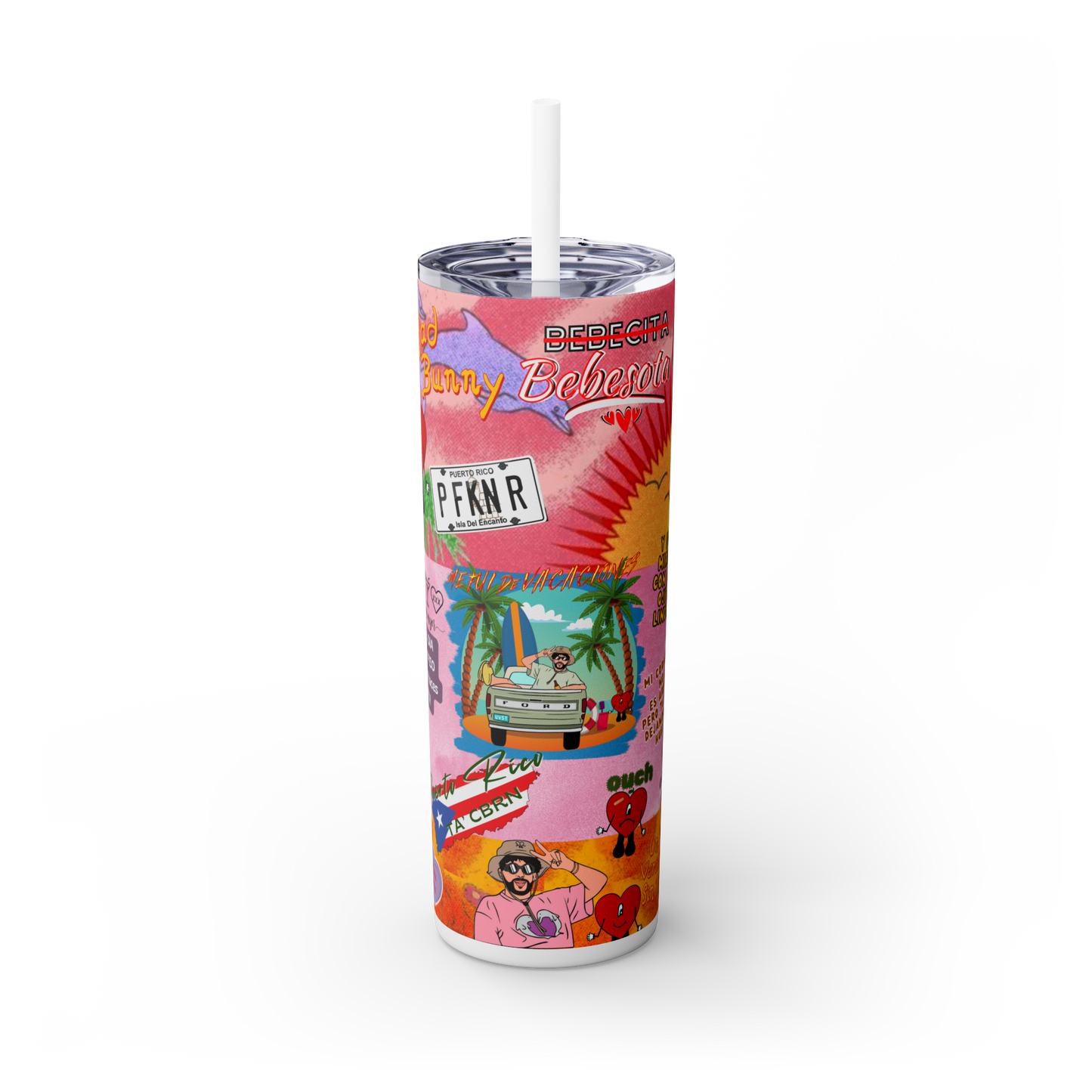 Bad Bunny Vibrant Skinny Tumbler with Straw, 20oz for Summer Sips, Celebration, Gifts, Travel, Music Lovers, Festivals