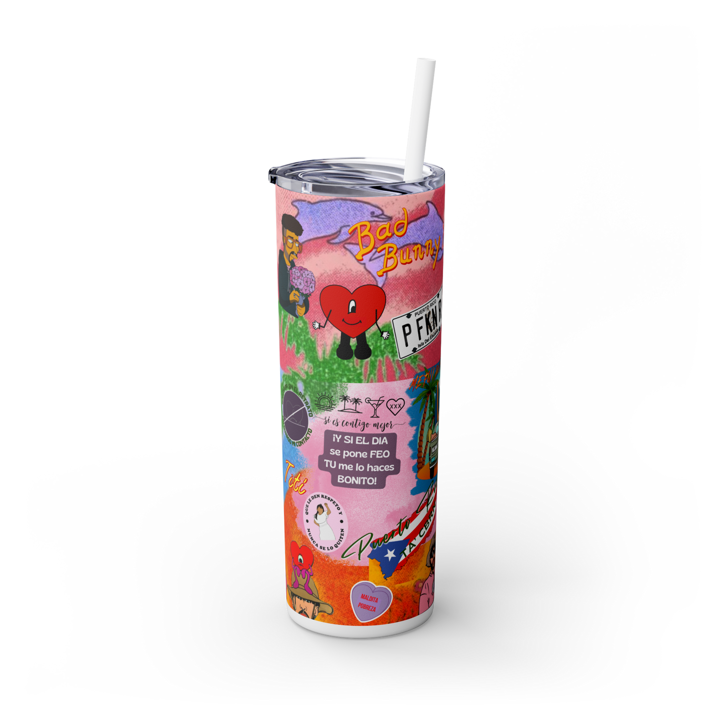 Bad Bunny Vibrant Skinny Tumbler with Straw, 20oz for Summer Sips, Celebration, Gifts, Travel, Music Lovers, Festivals