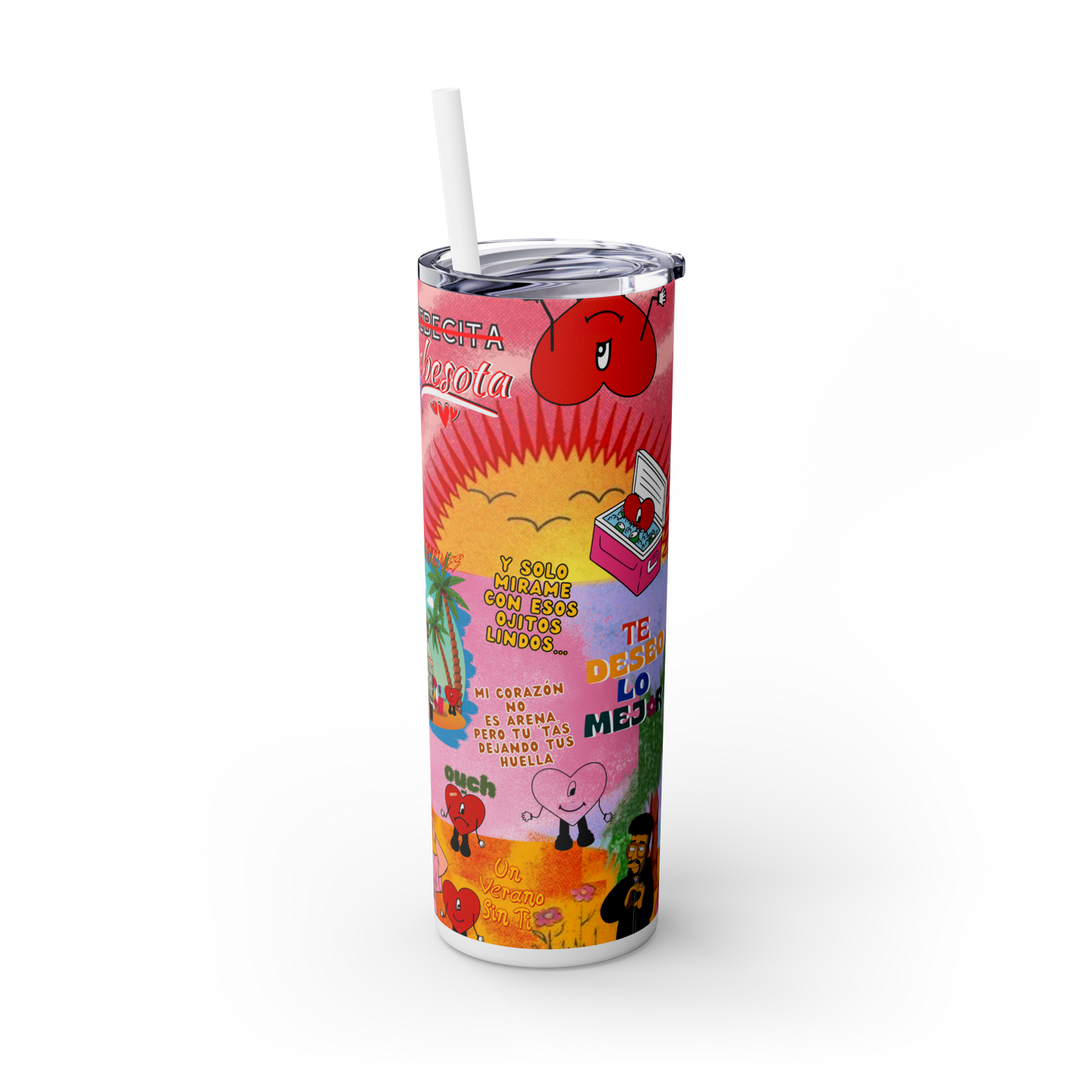 Bad Bunny Vibrant Skinny Tumbler with Straw, 20oz for Summer Sips, Celebration, Gifts, Travel, Music Lovers, Festivals